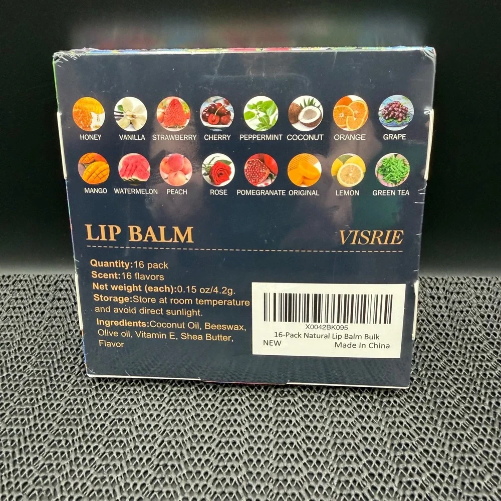 Visrie 16 Pack Natural Lip Balm Set Moisturizing Bulk 16 Flavors 0.15oz Each